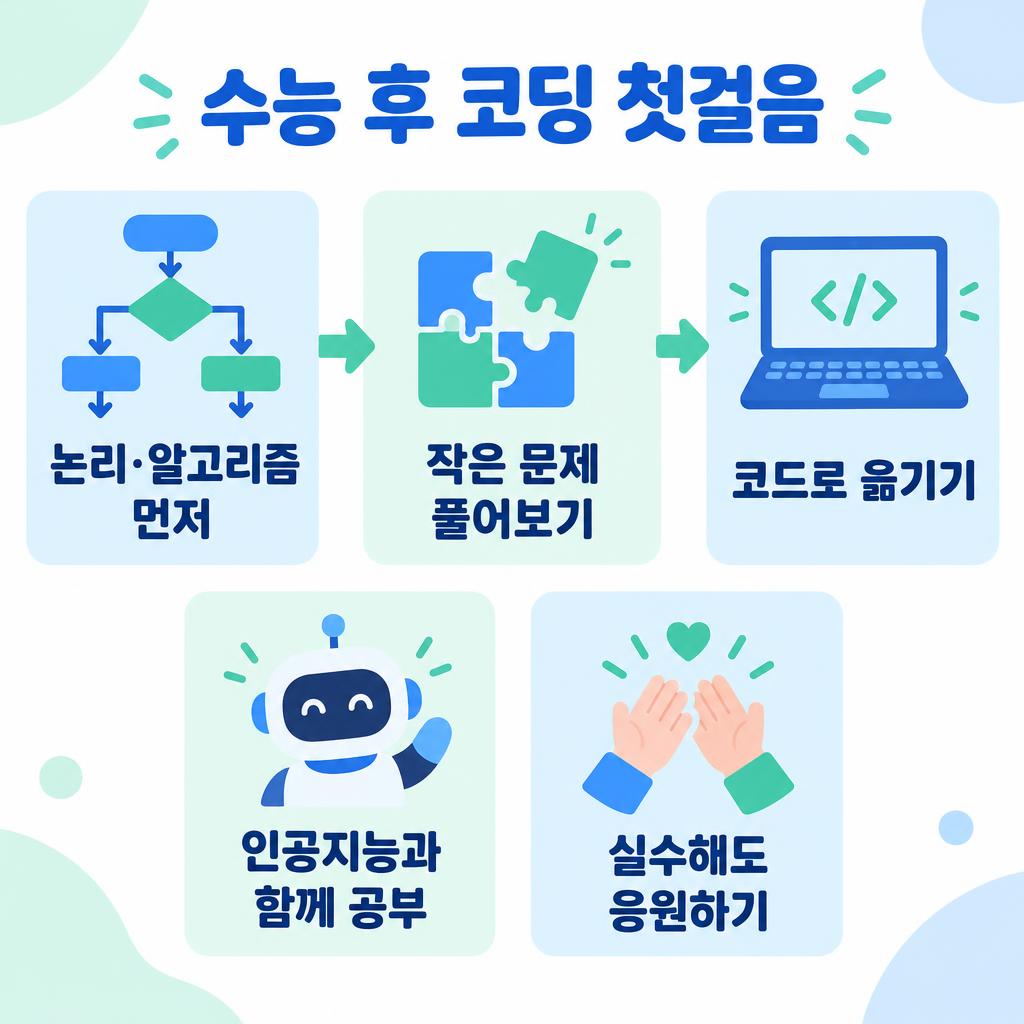 수능 후 비전공 수험생 코딩 공부 3단계 로드맵 인포그래픽