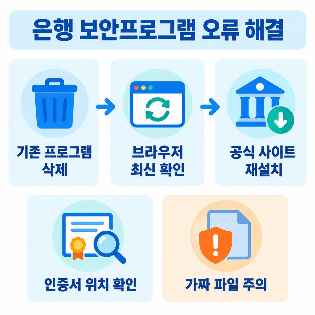 은행 보안프로그램 오류 해결 5단계 인포그래픽