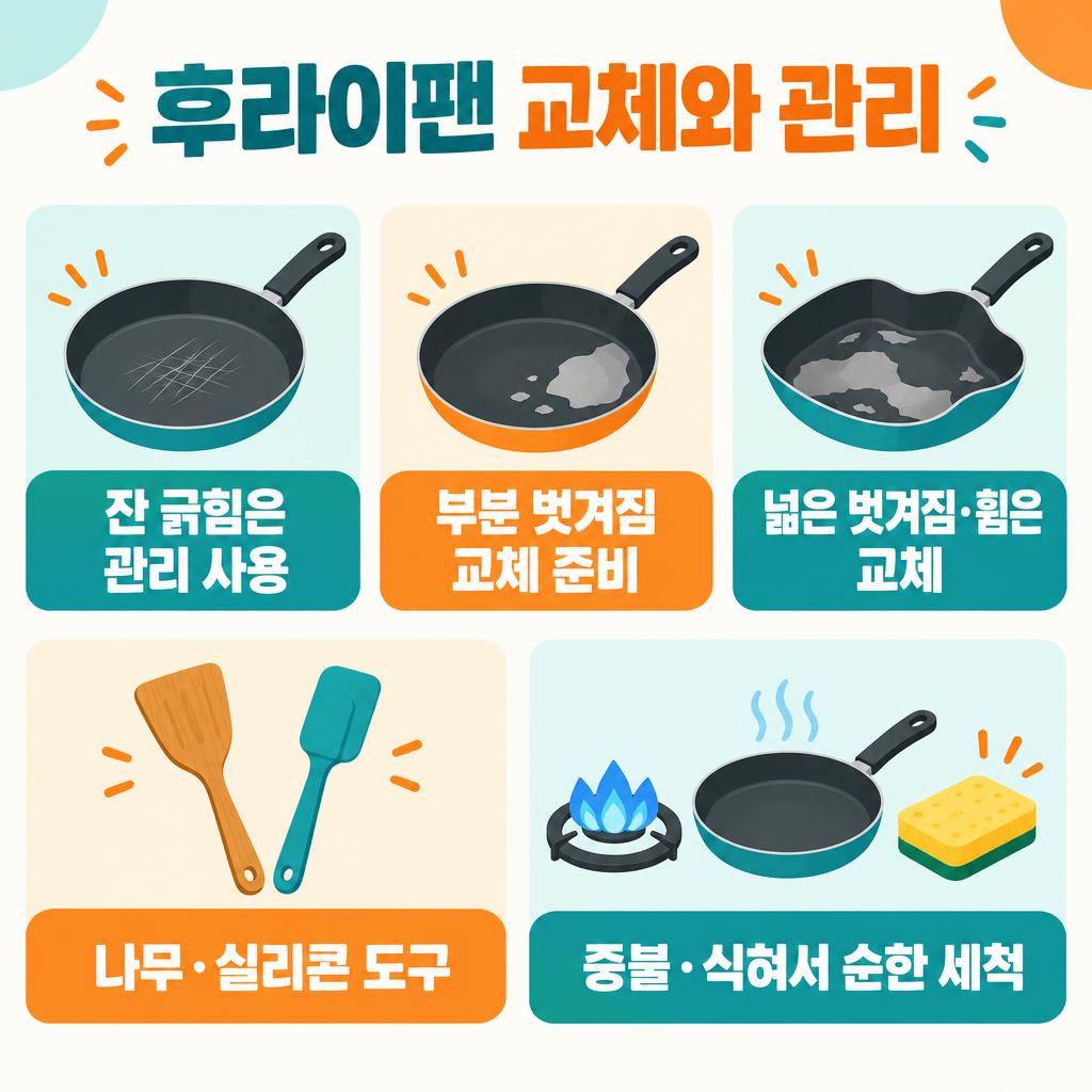 후라이팬 코팅 상태별 판단과 관리 3가지 인포그래픽
